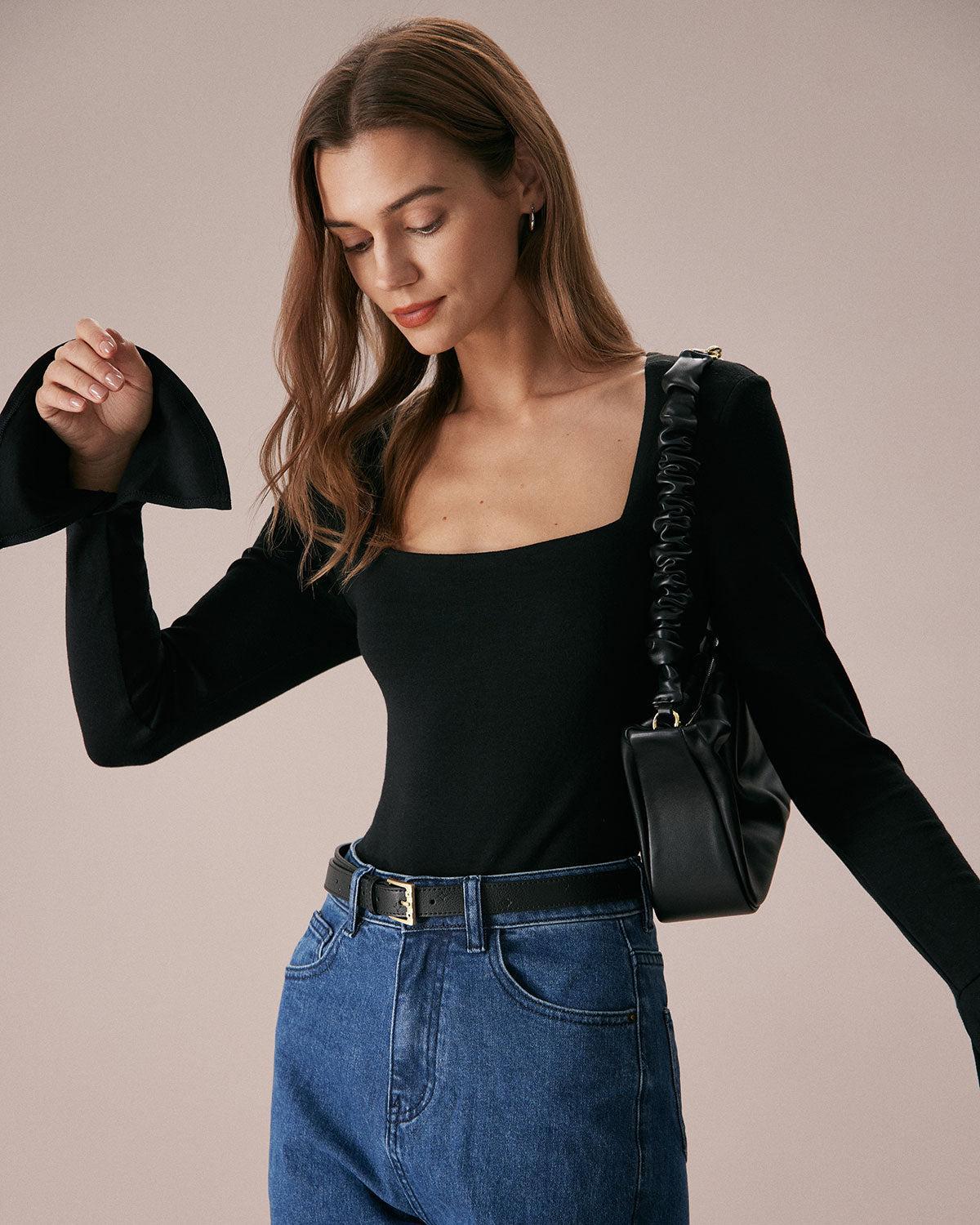 The Black Square Neck Slit Flare Sleeve Tee Product Image