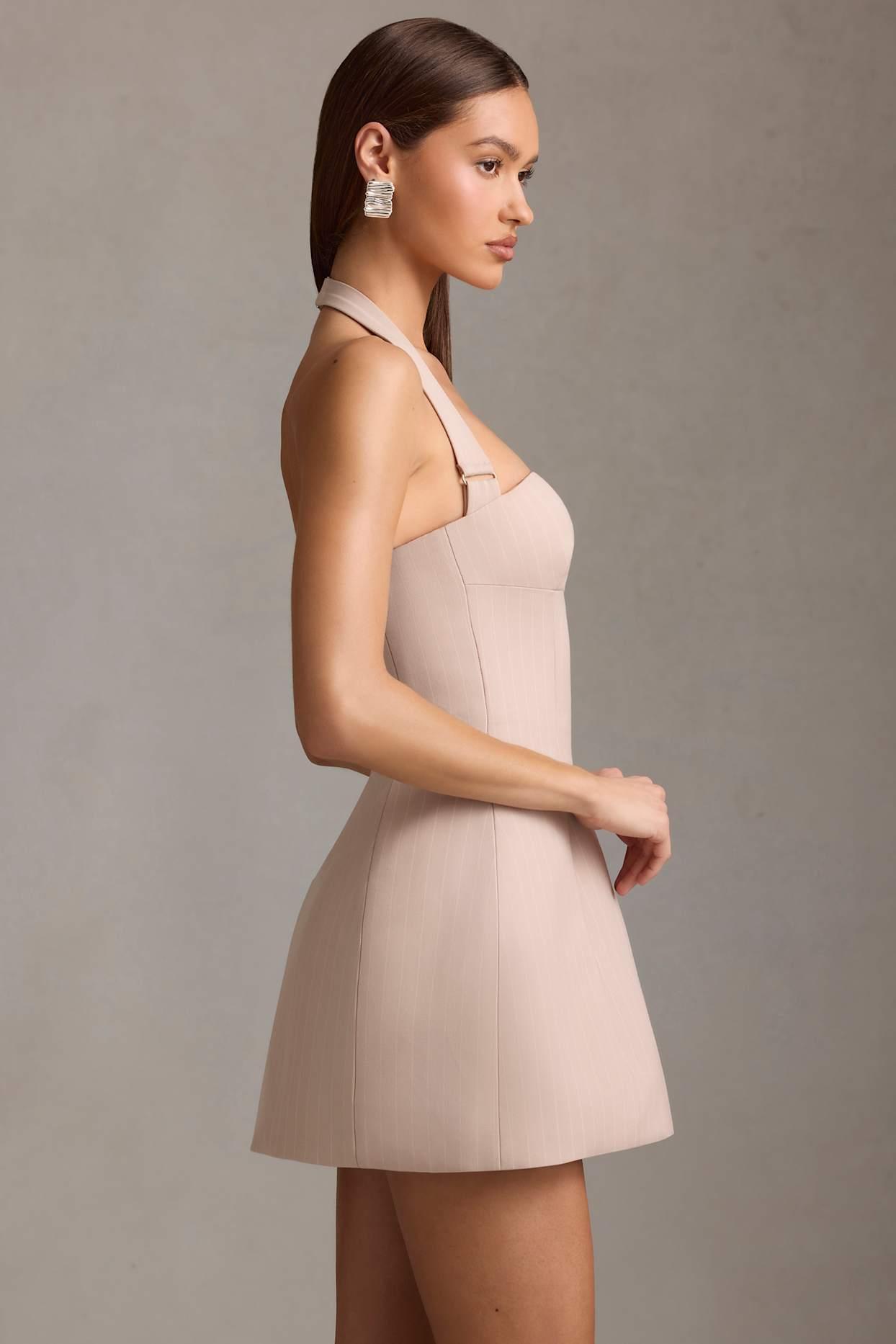 Pinstripe Halterneck Structured A-Line Mini Dress in Mushroom Product Image