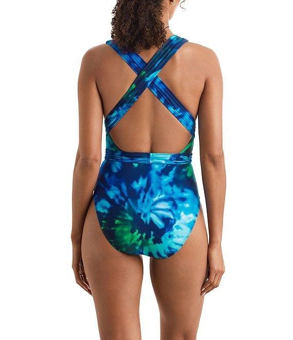 Mimi Flamingo Saltwater Tie Dye Wren Plunge Neck Cross Back Halter One Piece Swimsuit Product Image