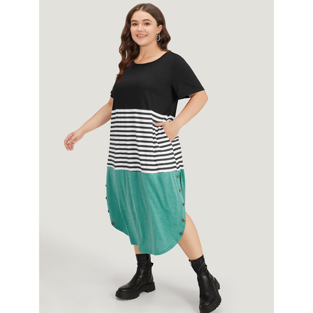Plus Size Supersoft Essentials Striped Colorblock Arc Hem Button Detail Dress Black Women Casual Arc Hem Round Neck Short sleeve Curvy Midi Dress BloomChic 18-20/2X Product Image