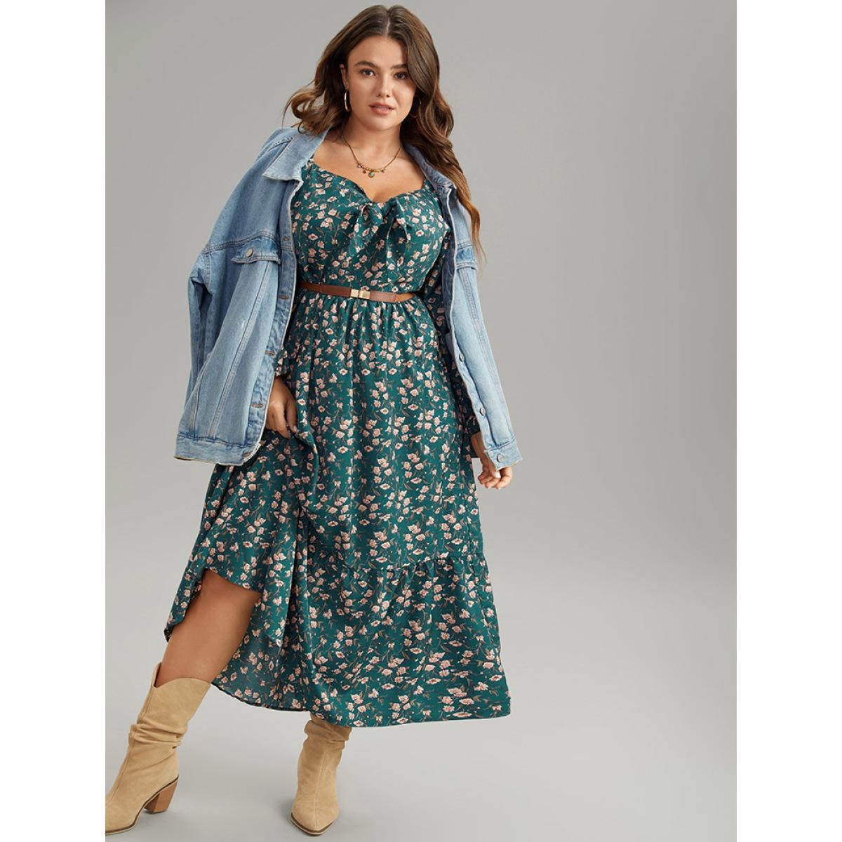 Plus Size Ditsy Floral Square Neck Elastic Waist Ties Dress Teal Women Vacation Elastic cuffs Square Neck Long Sleeve Curvy Midi Dress BloomChic 22-24/3X Product Image