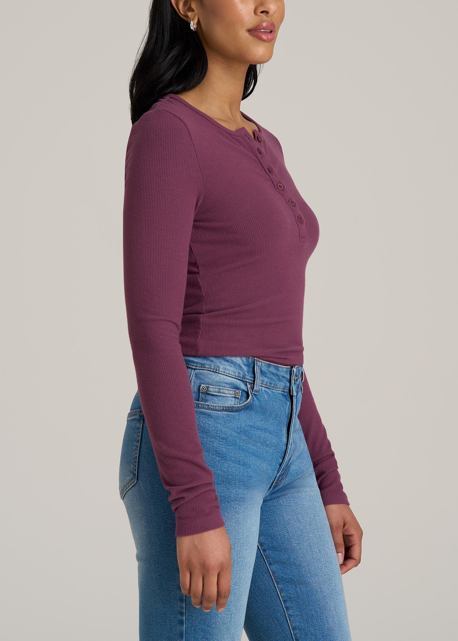 Long Sleeve Ribbed Crewneck Women's Tall Henley Shirt in Purple Gumdrop Product Image