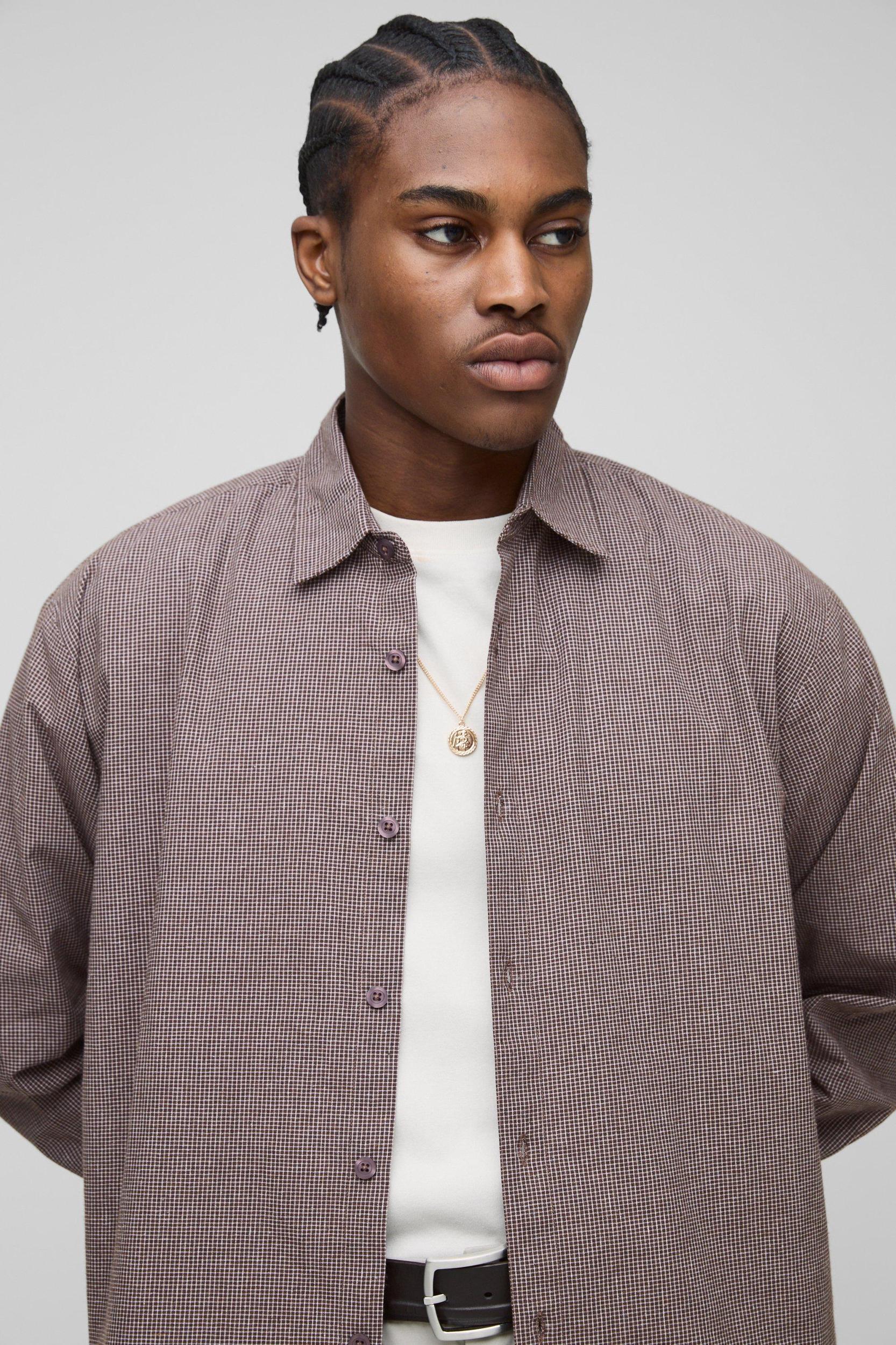 Super Oversized Micro Plaid Long Sleeve Shirt | boohooMAN USA Product Image