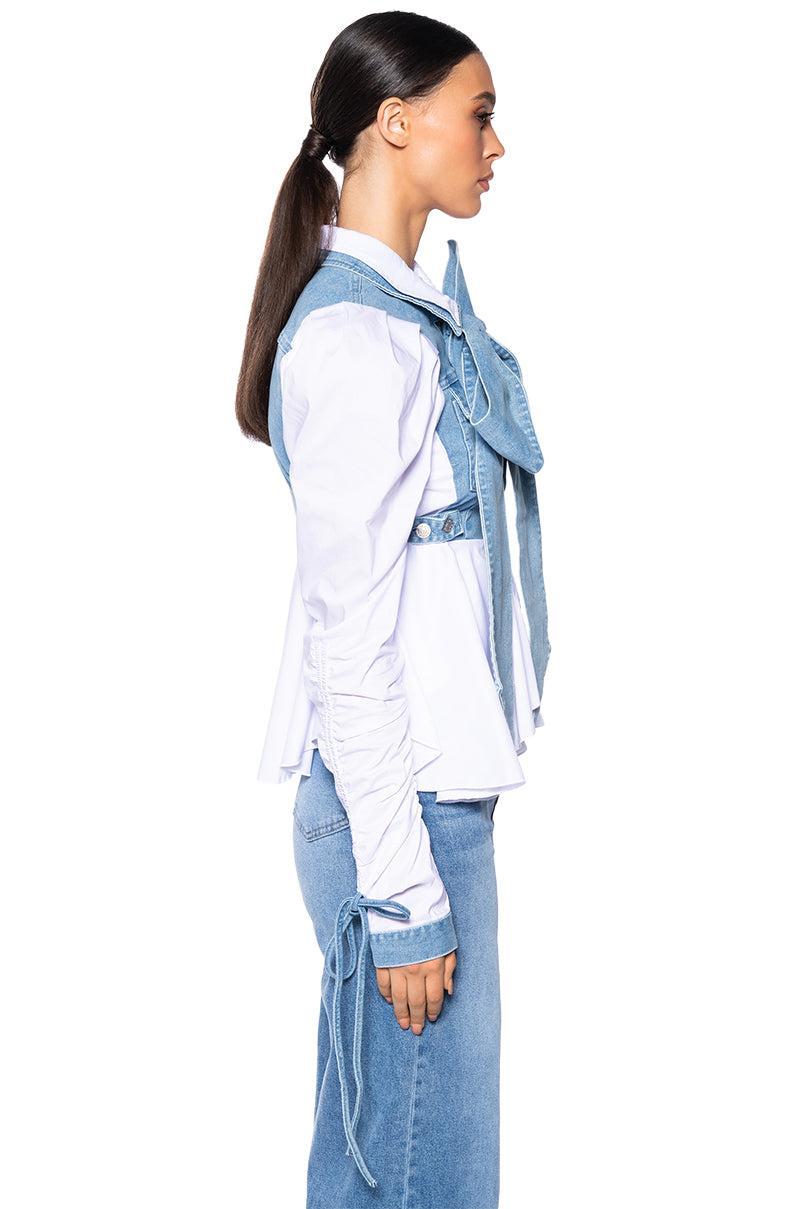FAITH DENIM TIE POPLIN BLOUSE Product Image