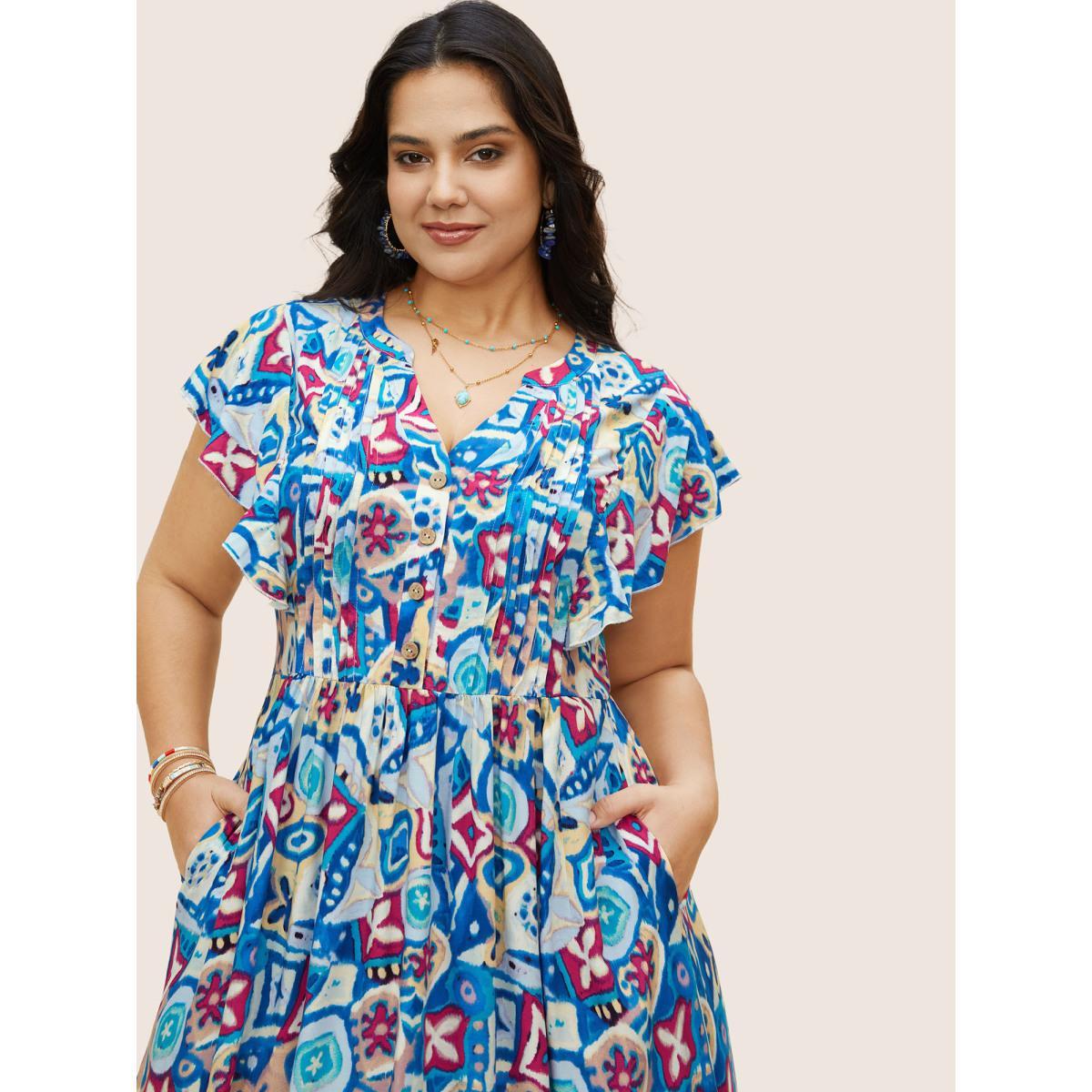 Plus Size Boho Print Pleated Ruffle Sleeve Dress Blue Women Resort Ruffles Notched collar Cap Sleeve Curvy BloomChic 22-24/3X Product Image