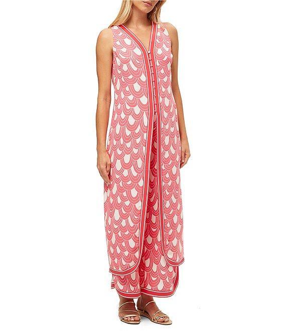 Trina Turk Woven Printed V-Neck Sleeveless Button Front Slice Tunic Product Image