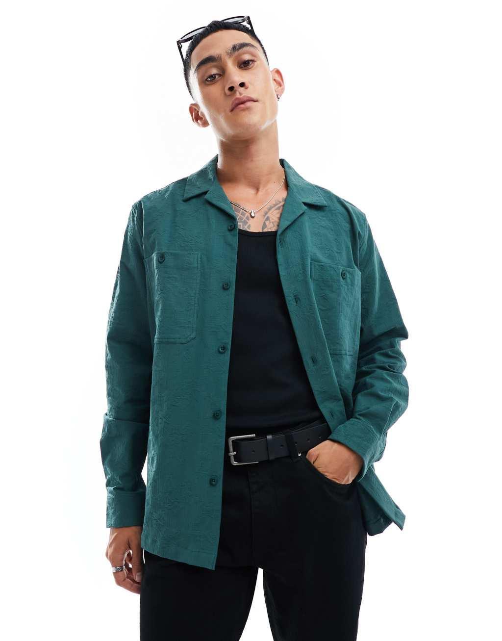 ASOS DESIGN floral jacquard camp collar overshirt in green Product Image