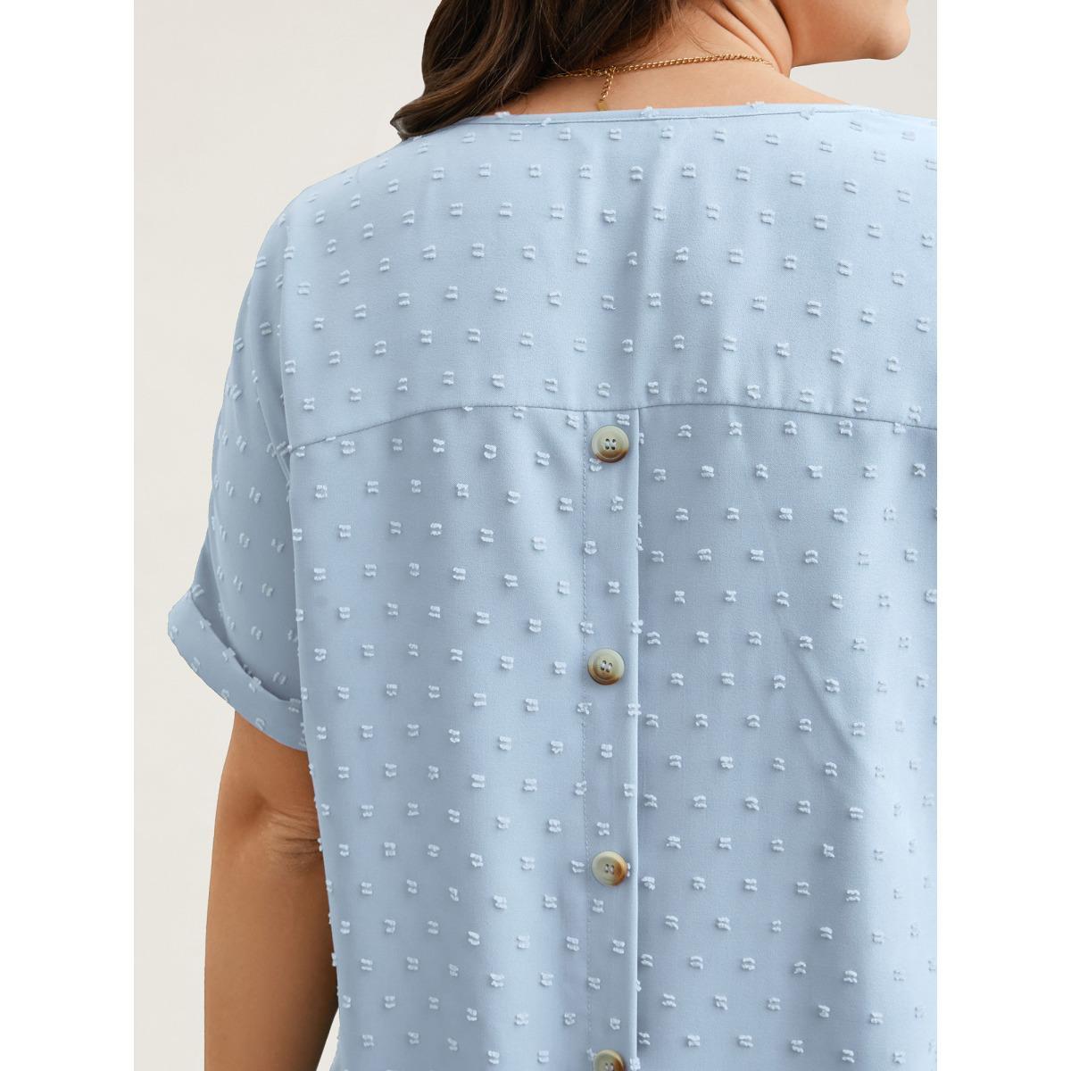 Plus Size LightBlue Back-Button Textured V-Neck Shirt Women Elegant Short sleeve V-neck Everyday Blouses BloomChic 14-16/1X Product Image