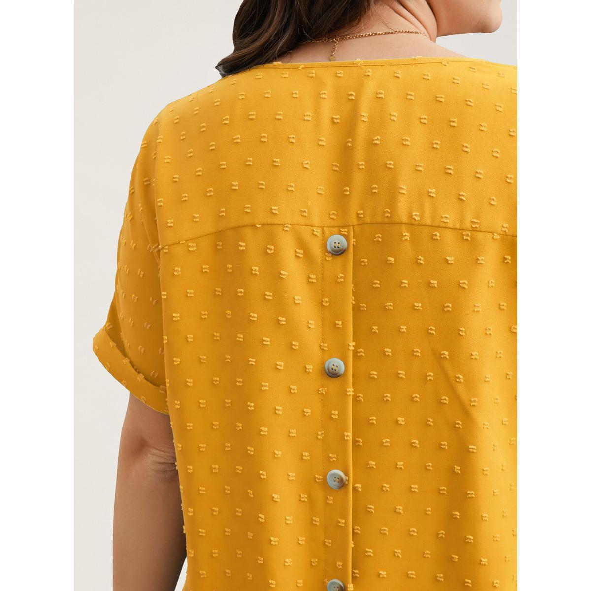 Plus Size Turmeric Back-Button Textured V-Neck Shirt Women Elegant Short sleeve V-neck Everyday Blouses BloomChic 26/4X Product Image