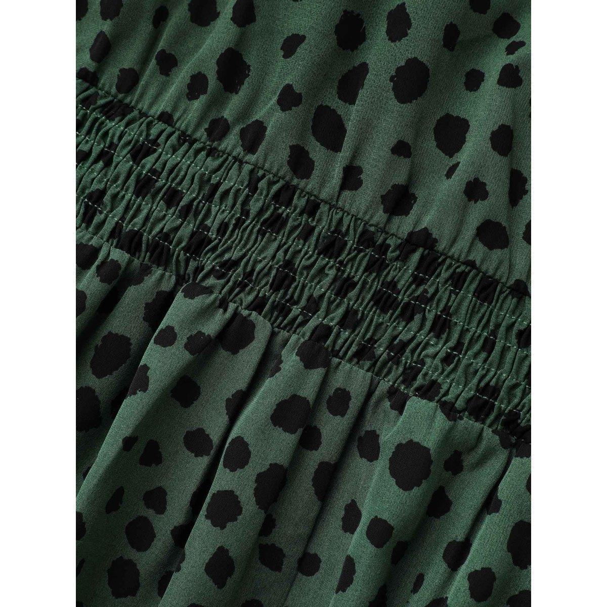 Plus Size Polka Dot Shirred Frill Trim Dress DarkGreen Women At the Office Frill Trim Mock Neck Long Sleeve Curvy BloomChic 26/4X Product Image