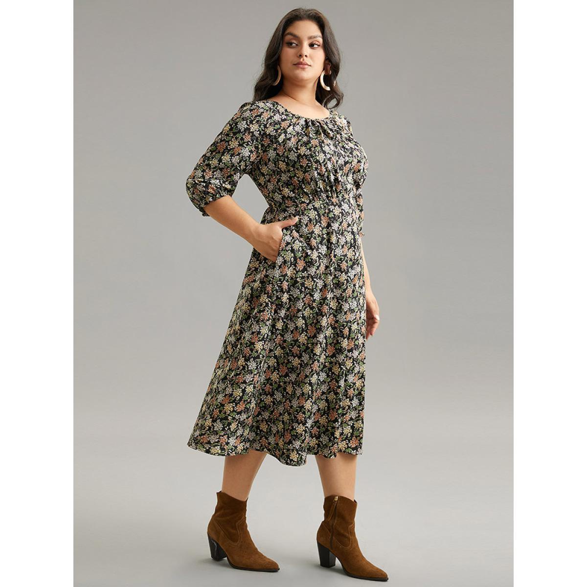 Plus Size Ditsy Floral Elastic Waist Pleated Dress Multicolor Women Vacation Printed Round Neck Elbow-length sleeve Curvy Midi Dress BloomChic 26/4X Product Image