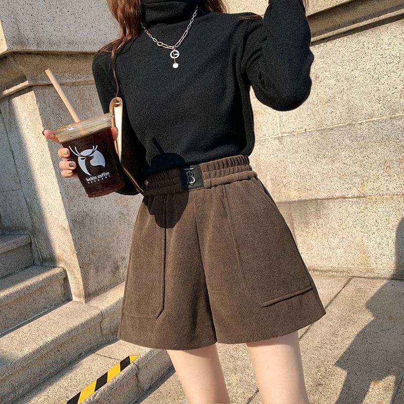 High Waist Plain Corduroy Wide Leg Shorts Product Image
