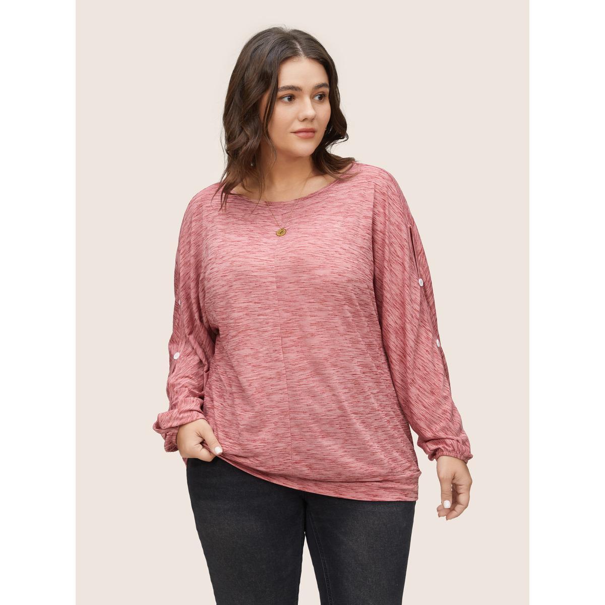 Plus Size Heather Button Detail Dolman Sleeve T-shirt Rouge Women Casual Non Plain Round Neck Everyday T-shirts BloomChic 12/L Product Image