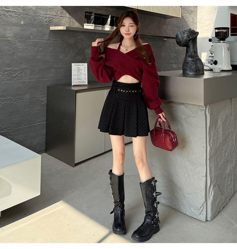 Set: High Waist Dotted Pleated Mini A-Line Skirt + Belt Product Image