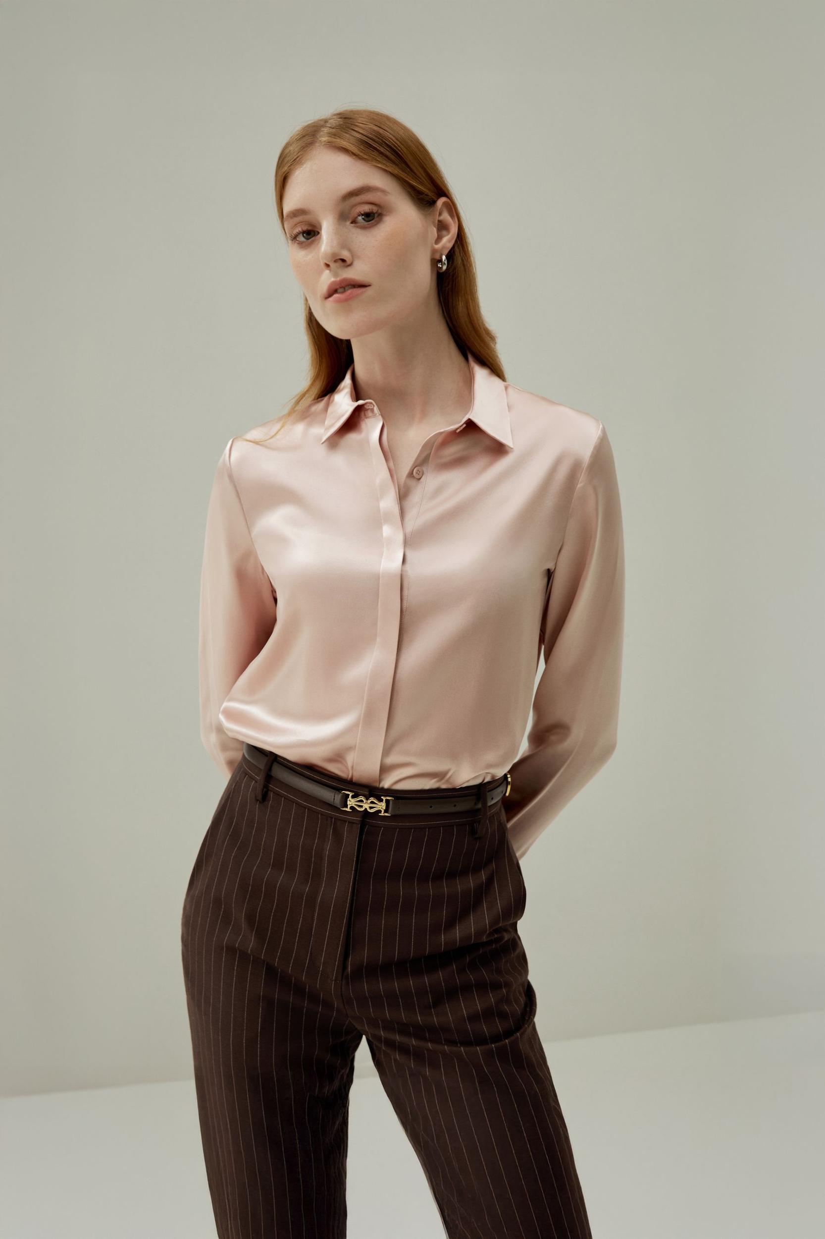 Basic Concealed Placket Silk Shirt Product Image