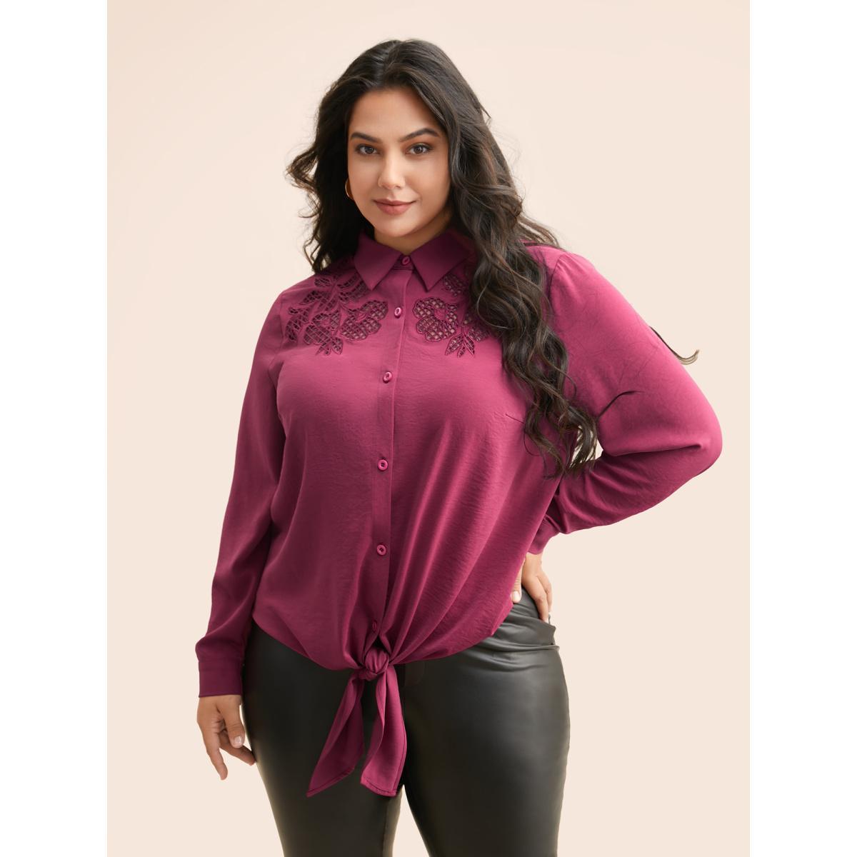 Plus Size RedViolet Shirt Collar Broderie Anglaise Tie Knot Blouse Women Elegant Long Sleeve Shirt collar Everyday Blouses BloomChic 12/L Product Image