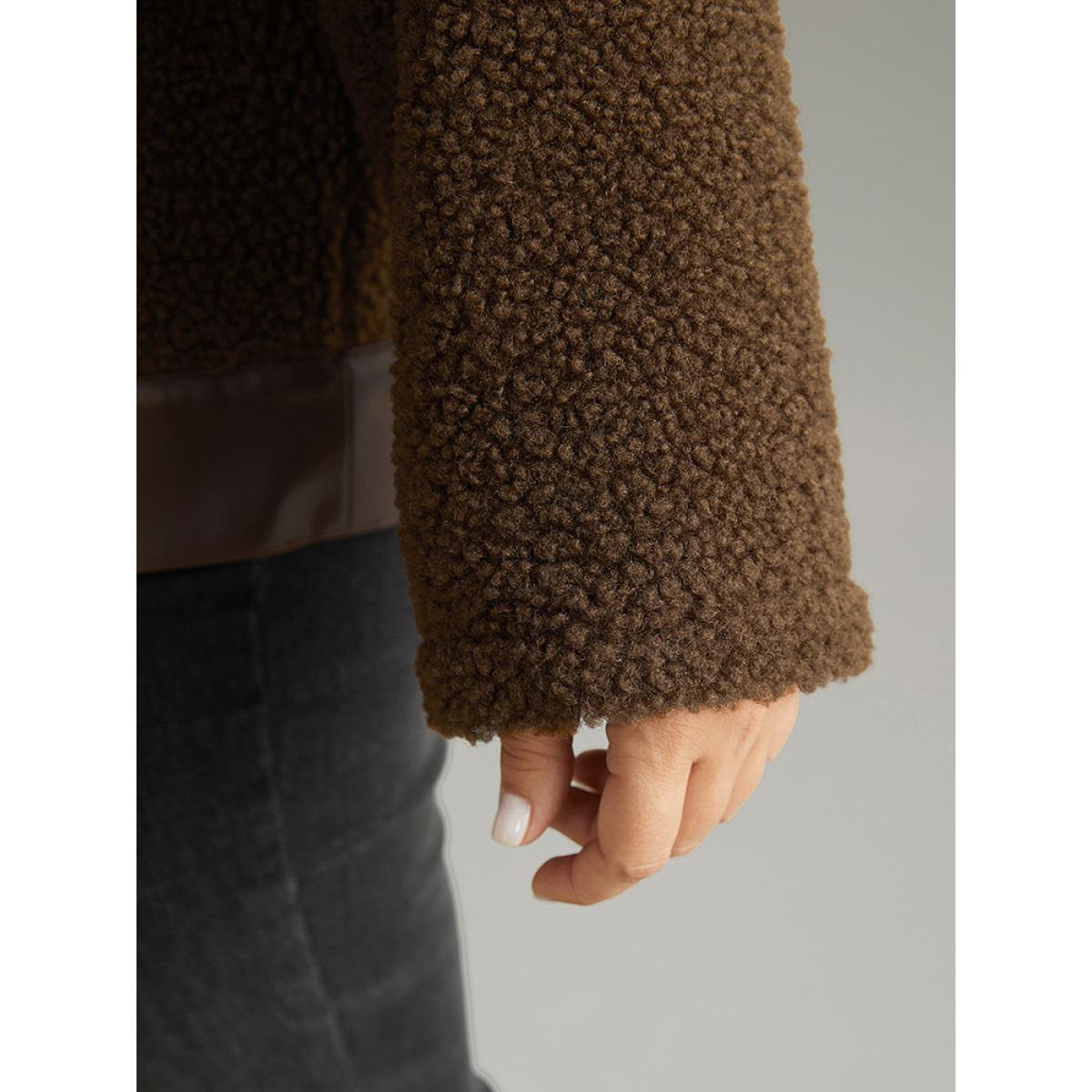 Plus Size PU Leather Patchwork Metal Detail Teddy Jacket Women DarkBrown Patchwork Dailywear Jackets BloomChic 12/L Product Image