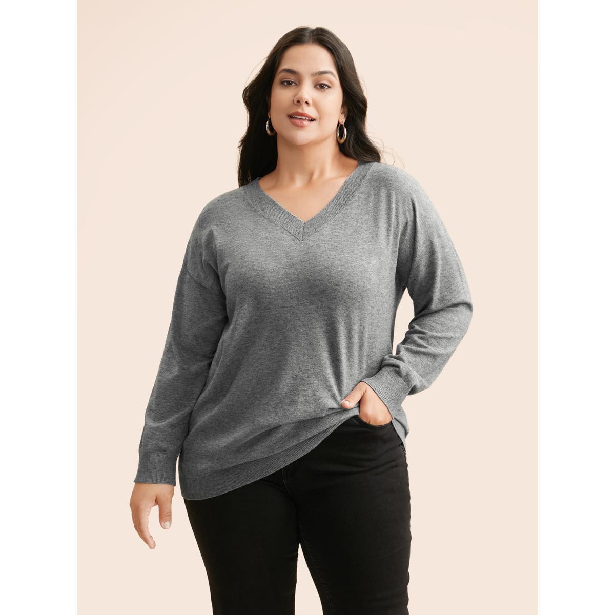 Plus Size Supersoft Drop Shoulder V-Neck Top Mediumgray Women Casual Long Sleeve V-neck Everyday Pullovers BloomChic 14-16/1X Product Image