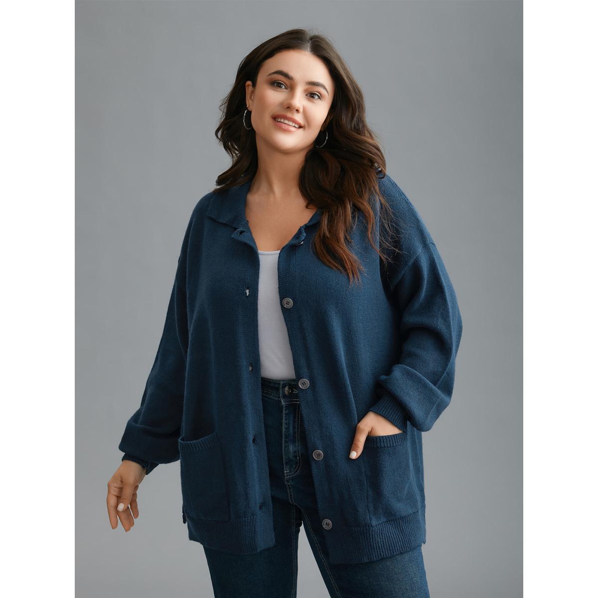Plus Size Supersoft Essentials Shirt Collar Pockets Knit Cardigan Aegean Women Casual Loose Long Sleeve Everyday Cardigans BloomChic 18-20/2X Product Image