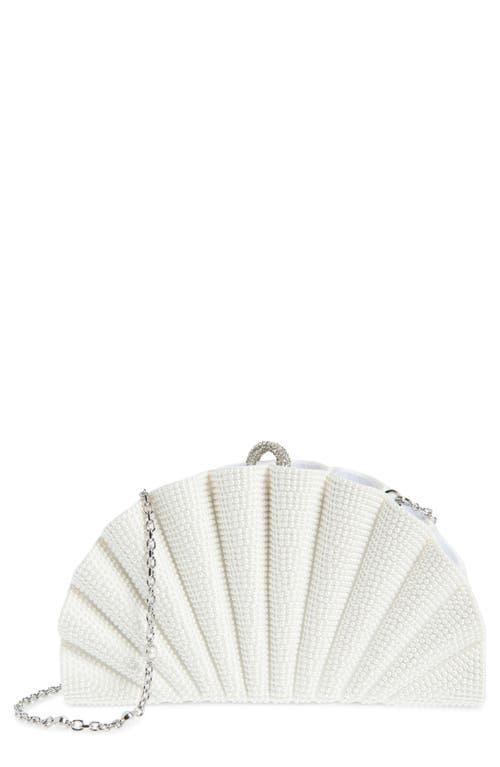 JUDITH LEIBER Couture Origami Fan Faux Pearl Embellished Satin Clutch In Silver Pearls Product Image