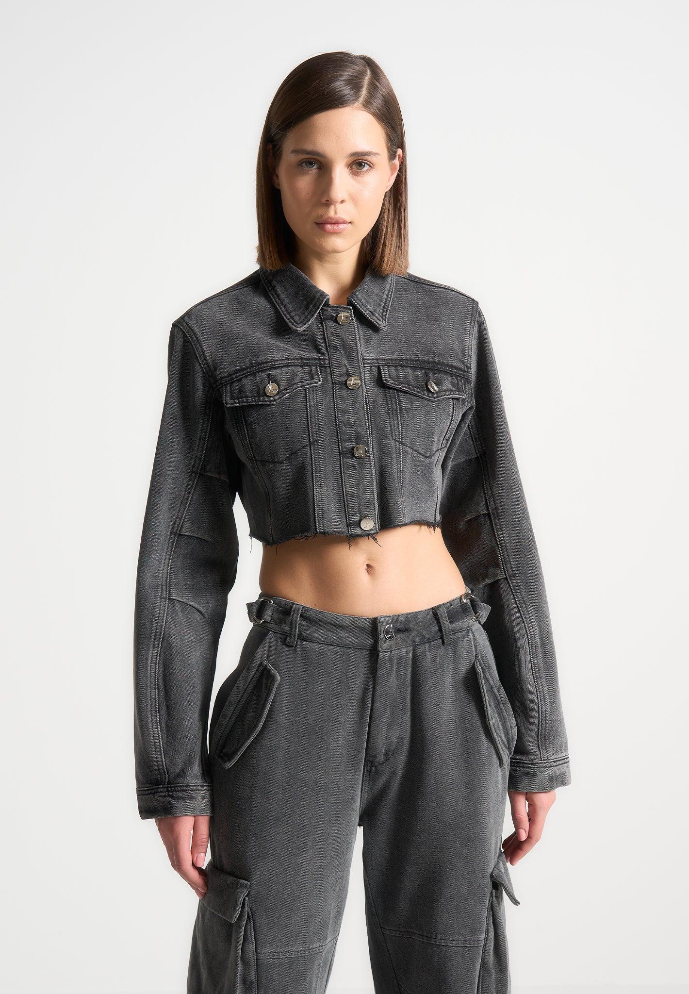 Cropped Tacked Sleeve Jacket - Washed Grey Female Product Image