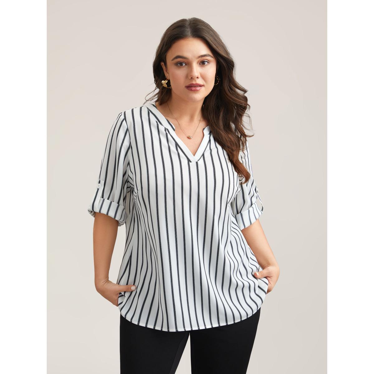 Plus Size WhiteSmoke Notched Collar Striped Tab Sleeve Shirt Women At the Office Elbow-length sleeve Notched collar Work Blouses BloomChic 26/4X Product Image