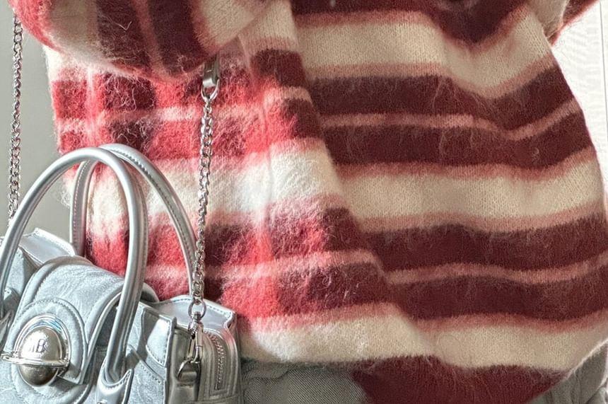 Round Neck Drop Shoulder Striped Oversized Sweater Product Image