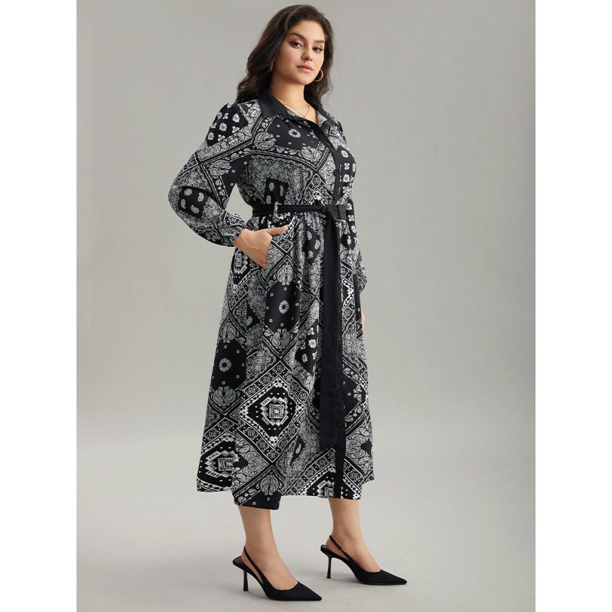 Plus Size Moroccan Print Shirt Collar Belted Button Through Dress Black Women Office Elastic cuffs Shirt collar Long Sleeve Curvy Midi Dress BloomChic 18-20/2X Product Image
