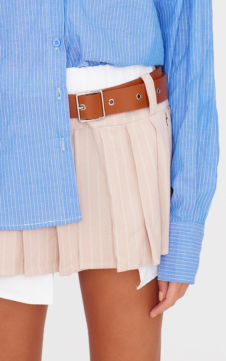Sand Stripe Pleated Belt Detail Mini Skirt Product Image