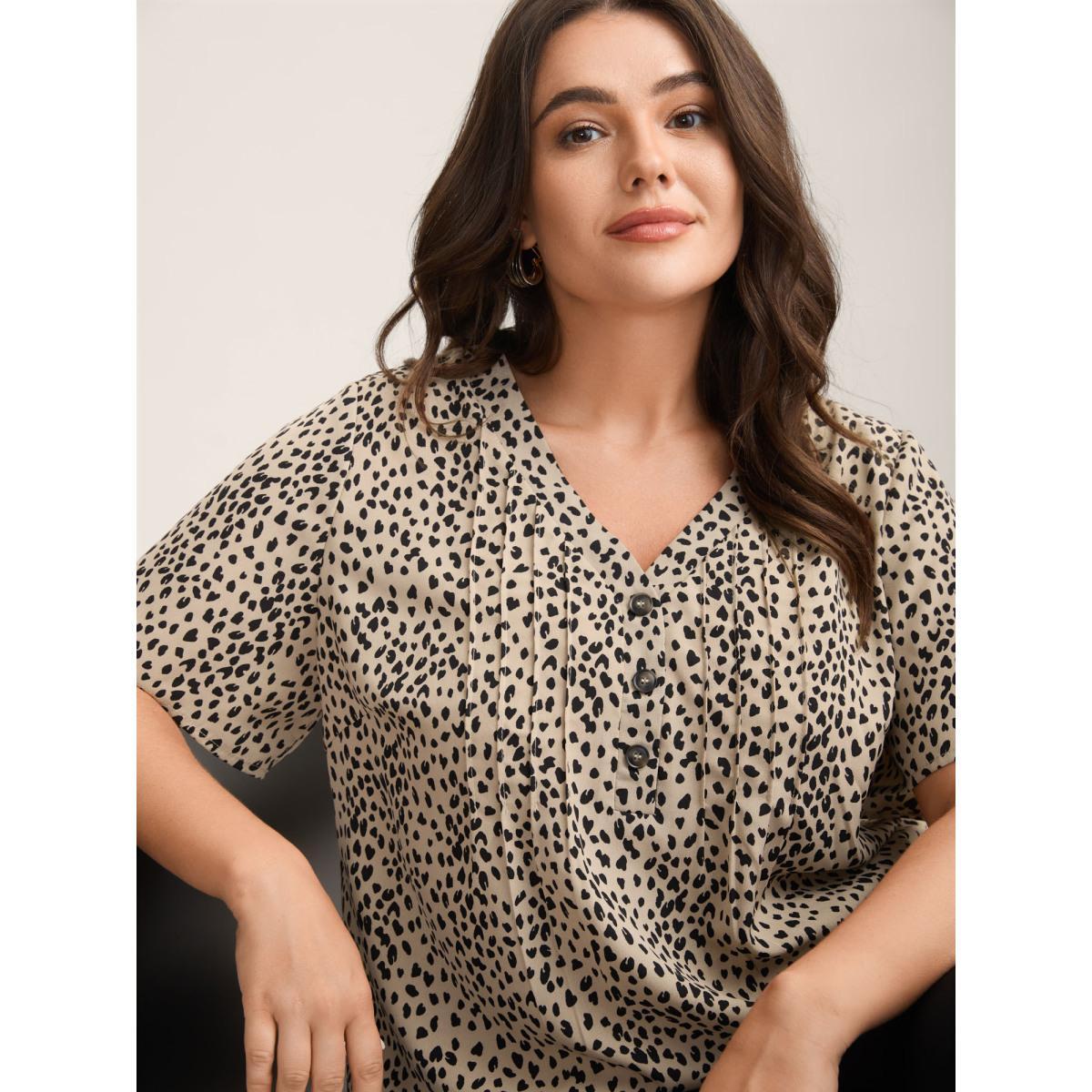 Plus Size Tan Leopard Print Toothpick Pleat Blouse Women Short sleeve V-neck Work Blouses BloomChic 12/L Product Image