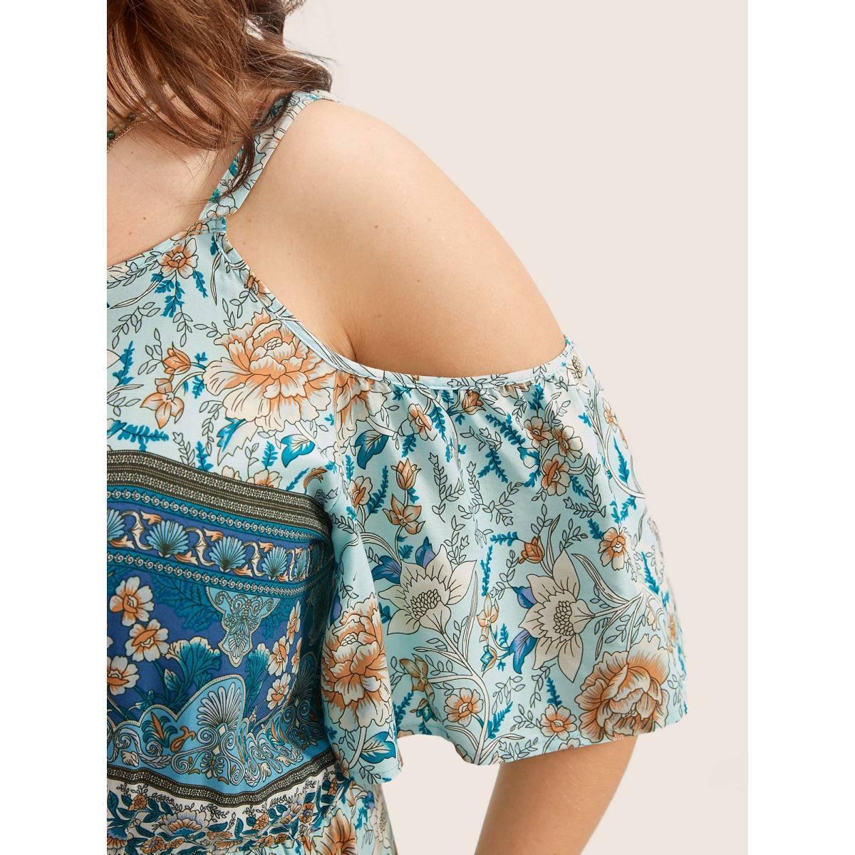 Plus Size Floral Print Pocket Keyhole Ruffles Cold Shoulder Maxi Dress Emerald Women Resort Non Non Half Sleeve Curvy Long Dress BloomChic 26/4X Product Image