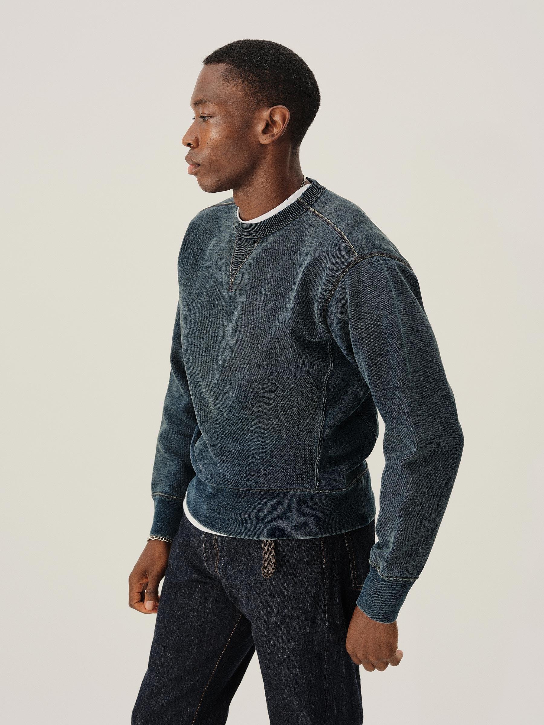 D038 Double Indigo Loopback Double V Crew Sweatshirt Product Image