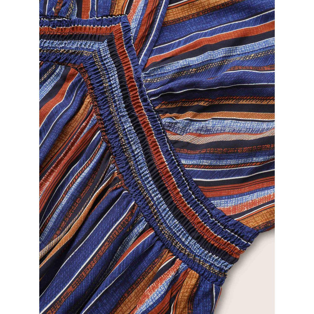 Plus Size Striped Contrast Dolman Sleeve Shirred Pocket Split Flutter Dress Blue Women Resort Non V-neck Half Sleeve Curvy BloomChic 28/5X Product Image
