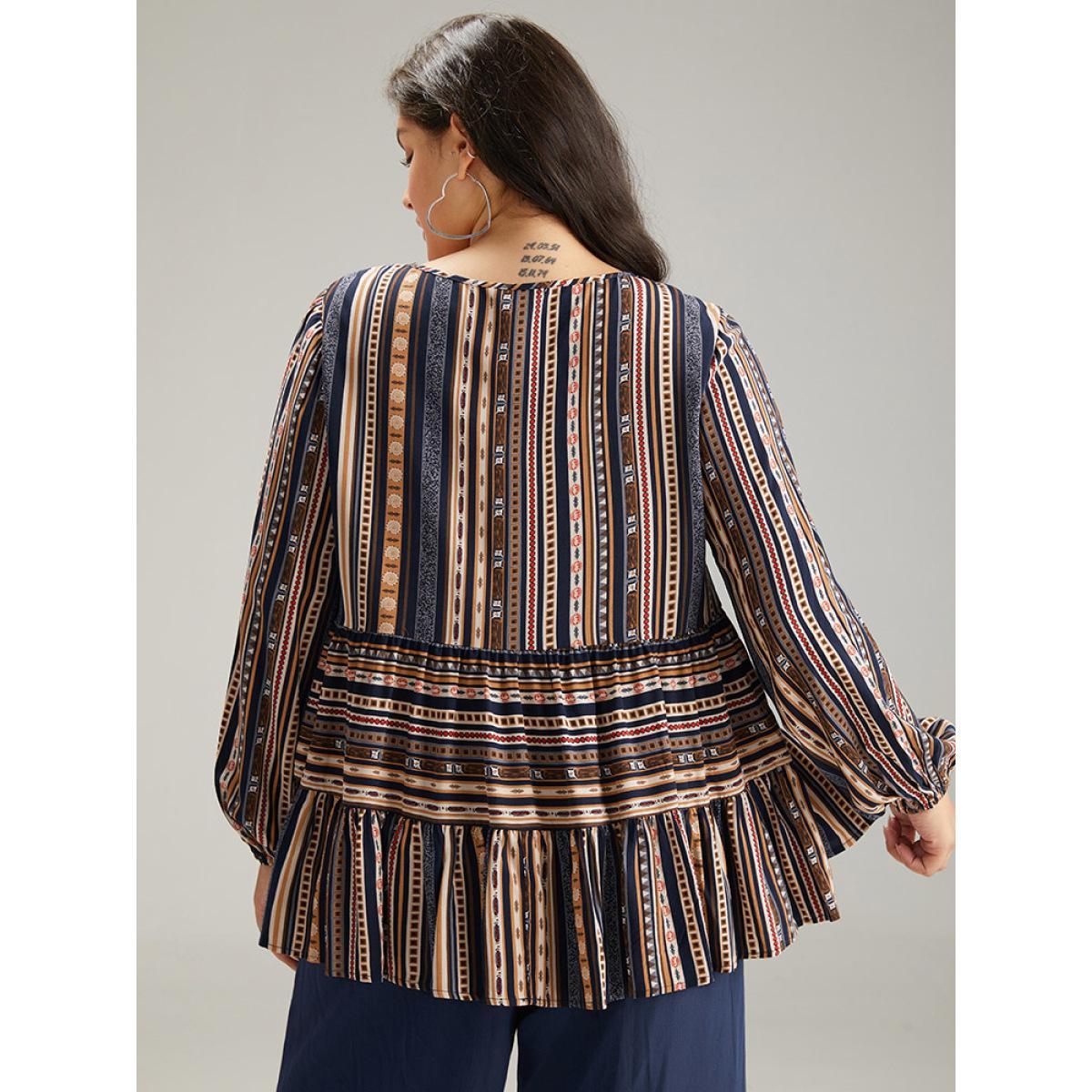 Plus Size Indigo Bandana Stried Crew Neck Gathered Blouse Women Vacation Long Sleeve Round Neck Dailywear Blouses BloomChic 26/4X Product Image