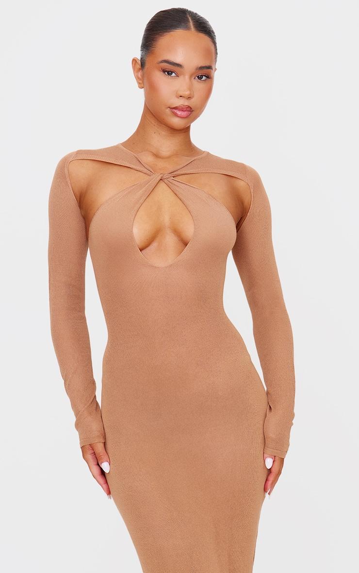 PLT Label Tan Knitted Twist Detail Sheer Maxi Dress Product Image
