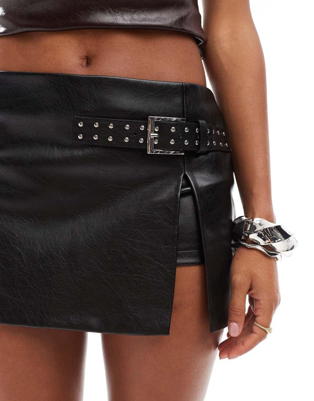 Bershka belted faux leather mini skirt in black Product Image