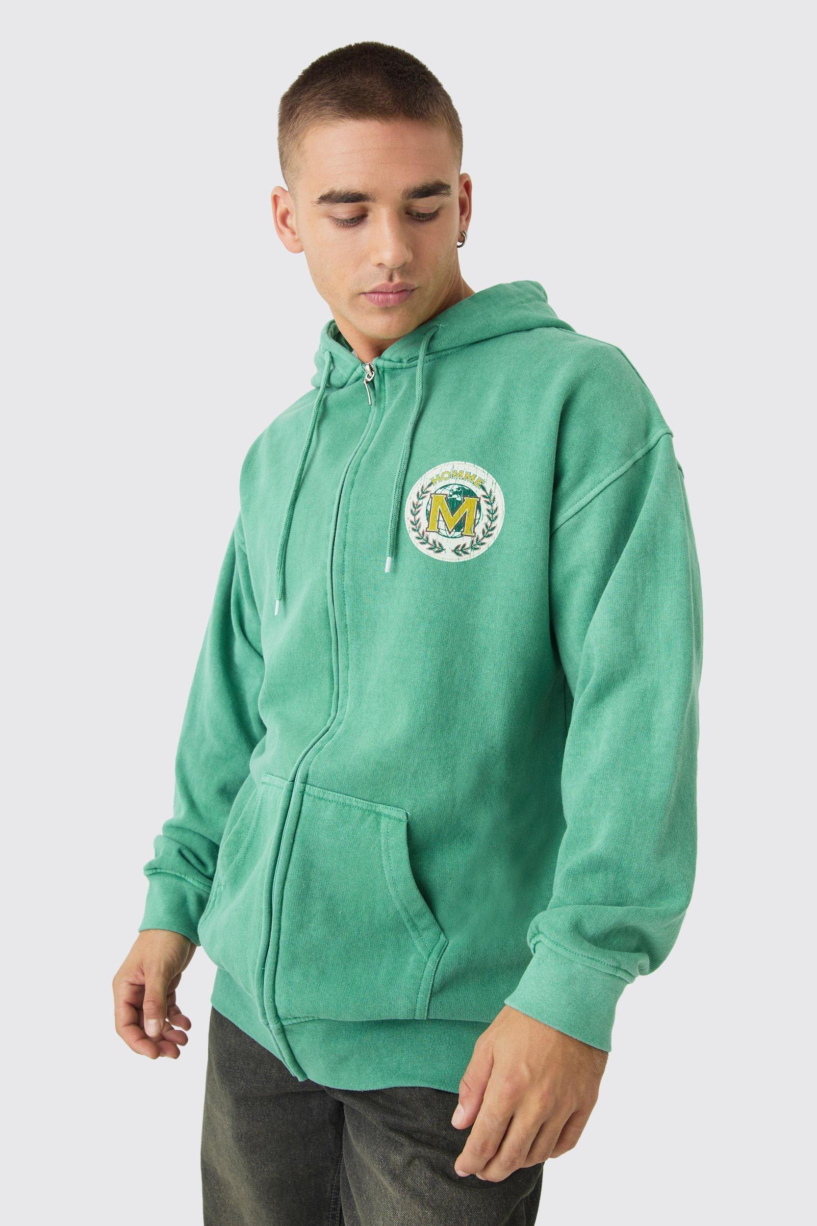 Oversized Washed Emblem Print Zip Through Hoodie | boohooMAN USA Product Image