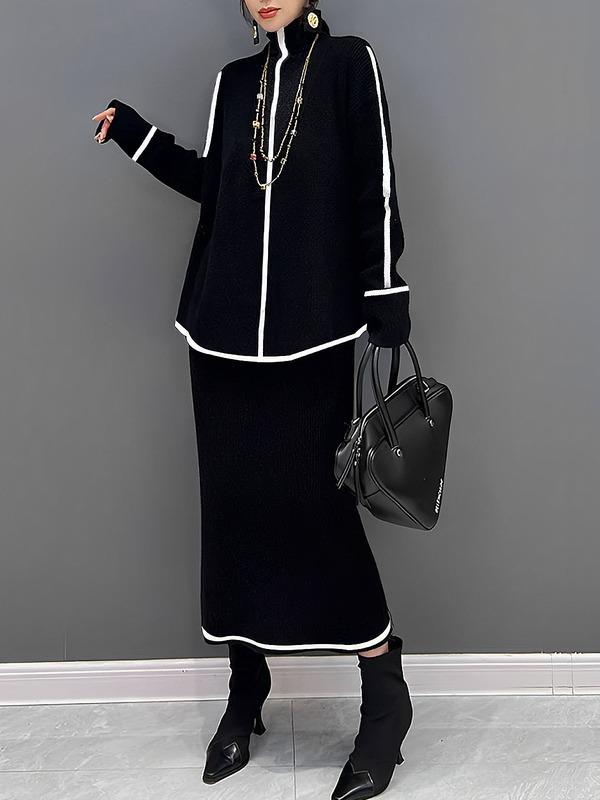 Long Sleeves Loose Contrast Color High Neck Sweater Tops Product Image