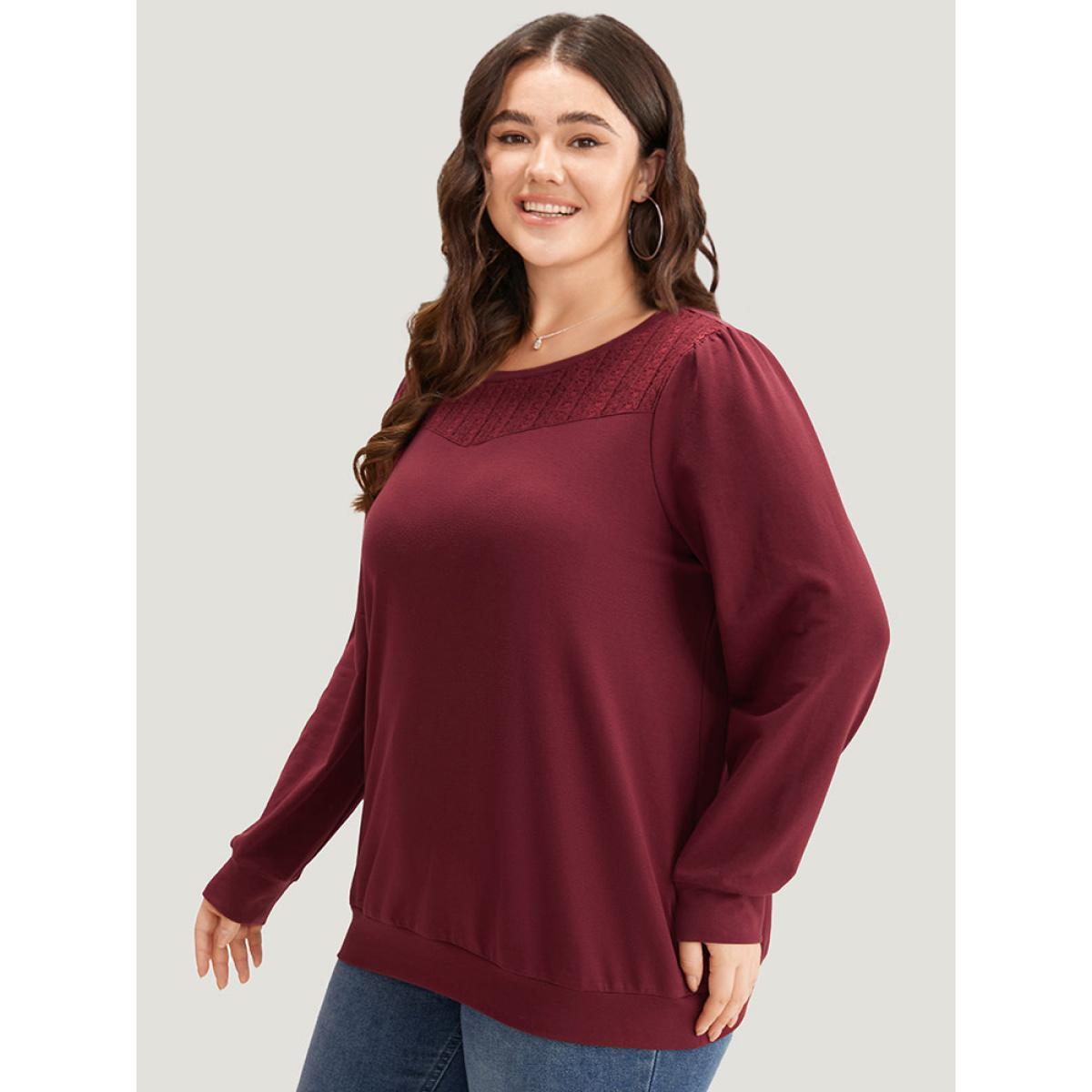 Plus Size Plain Eyelet Lace Crew Neck Sweatshirt Women Burgundy Elegant Elastic cuffs Round Neck Dailywear Sweatshirts BloomChic 14-16/1X Product Image