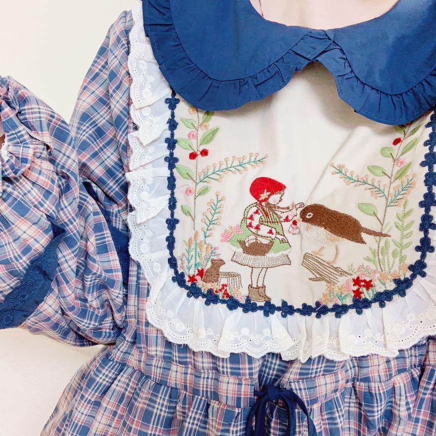 Long-Sleeve Collar Plaid Embroidered Patchwork Midi A-Line Dress Product Image