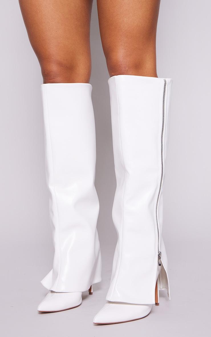 White PU Point Toe Fold Over Stiletto Heel Knee High Boots Product Image