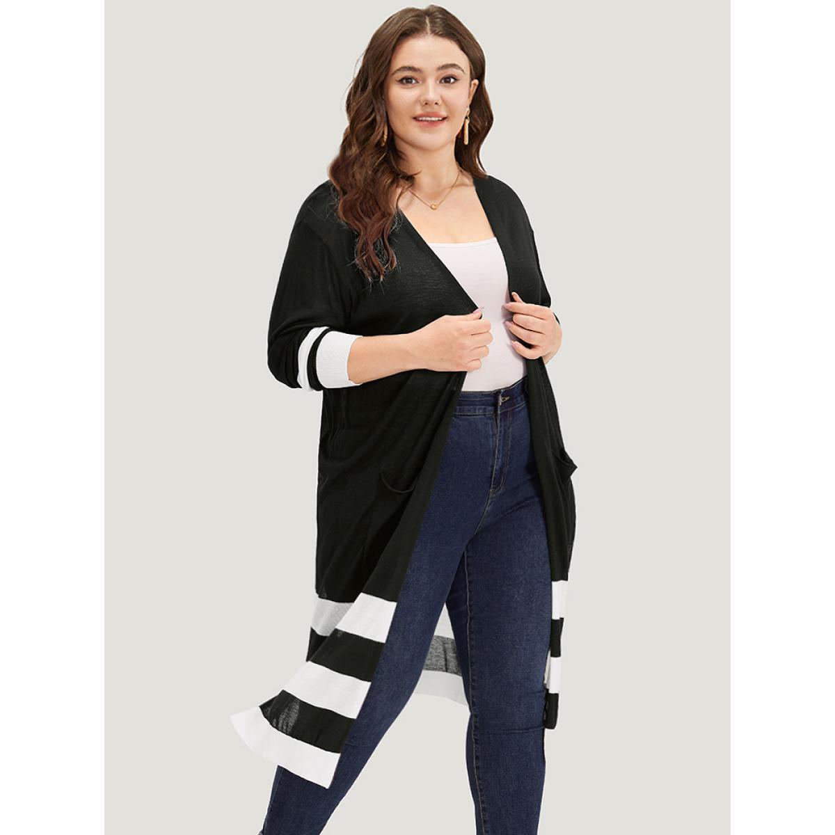 Plus Size Supersoft Essentials Contrast Patched Pocket Maxi Cardigan Black Women Casual Loose Long Sleeve Dailywear Cardigans BloomChic 28/5X Product Image
