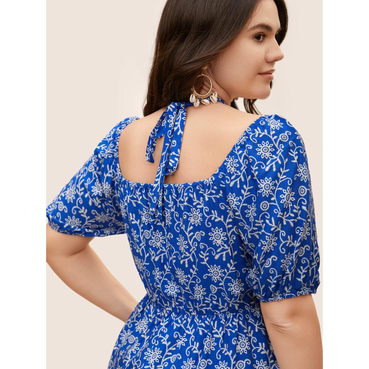 Plus Size Brightblue Bandana Print Notched Collar Lantern Sleeve Blouse Women Resort Short sleeve Notched collar Vacation Blouses BloomChic 14-16/1X Product Image