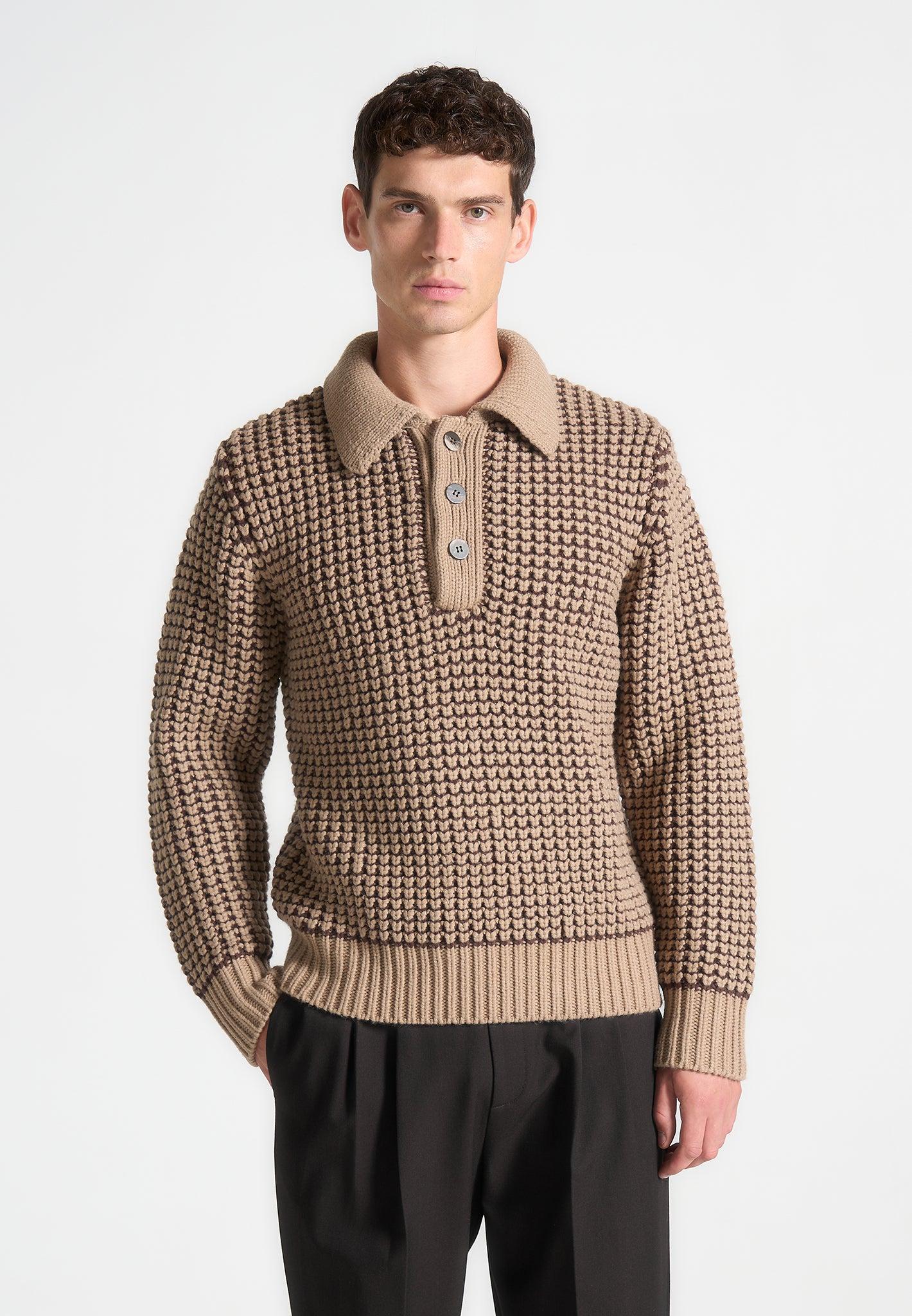 Textured Wool Knit Polo Jumper - Taupe Male Product Image