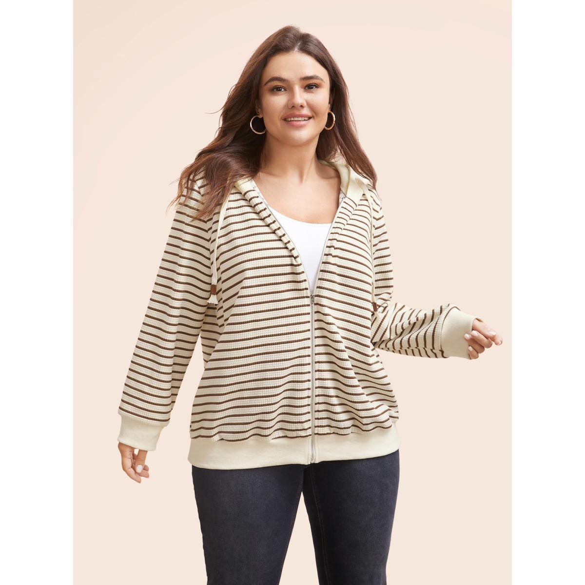 Plus Size Striped Patchwork Texture Hooded Sweatshirt Women Beige Casual Texture Hooded Everyday Sweatshirts BloomChic 18-20/2X Product Image