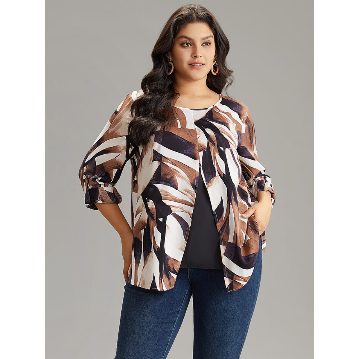 Plus Size DarkBrown Geometric Print 2-In-1 Split Round Neck Blouse Women Vacation Long Sleeve Round Neck Vacation Blouses BloomChic 18-20/2X Product Image