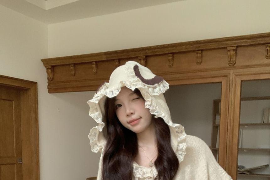 Rabbit Accent Lace Trim Oversized Knit Hoodie Product Image