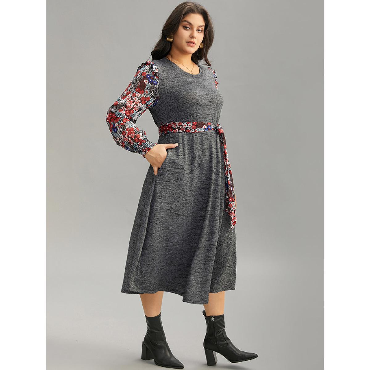 Plus Size Ditsy Floral Patchwork Ruffle Trim Belted Dress DimGray Women Casual Belted Round Neck Long Sleeve Curvy Midi Dress BloomChic 18-20/2X Product Image