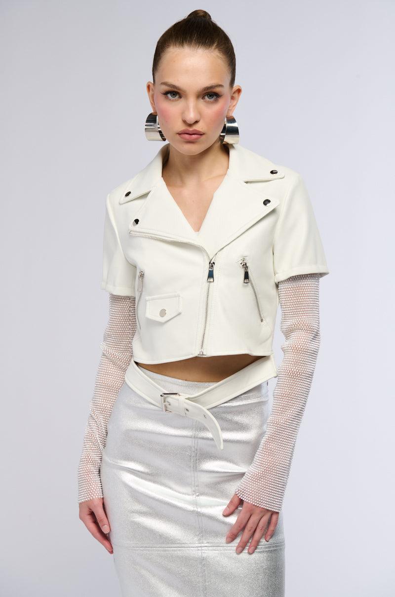 ACEROLA BLING RHINESTONE SLEEVE MOTO JACKET IN WHITE Product Image