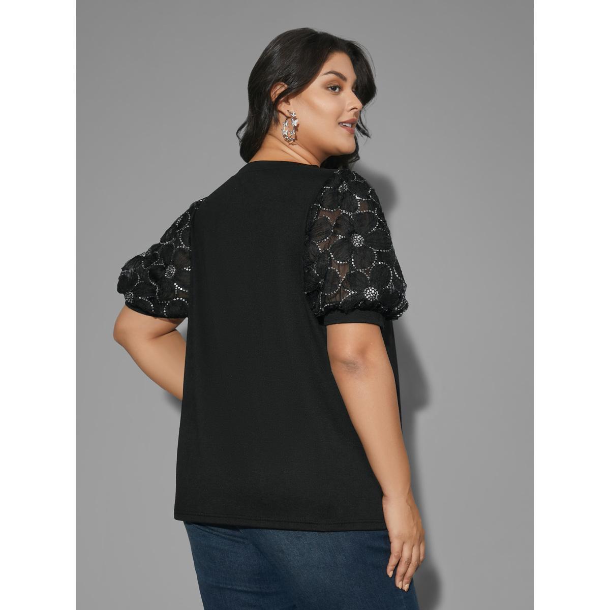 Plus Size Floral Sequin Mesh Round Neck T-shirt Black Women Elegant See through Round Neck Everyday T-shirts BloomChic 18-20/2X Product Image